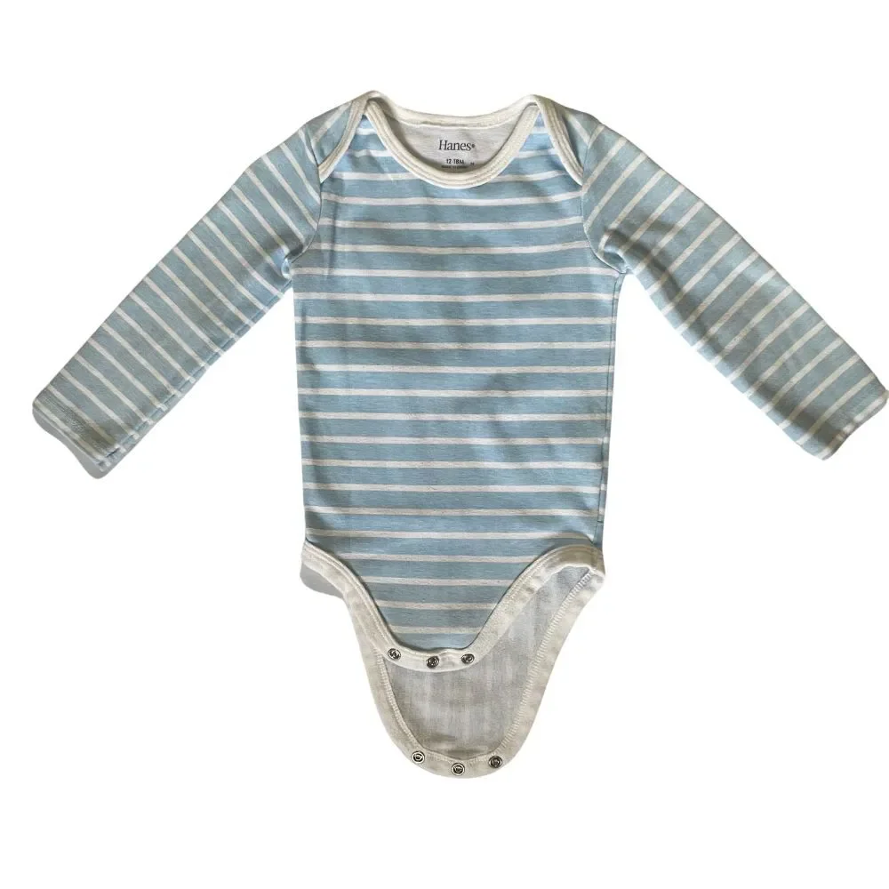 Hanes Baby Flexy Bodysuit and Pants 12-18M Long Sleeve Blue Stripes